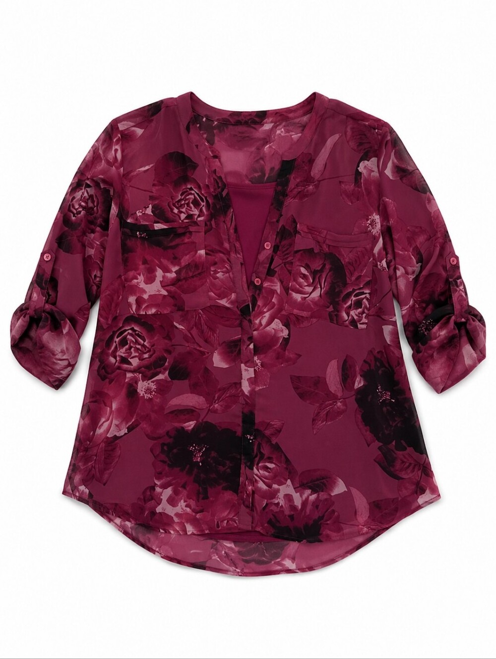 Covington Floral Split V-Neck Button Roll Tab Lined Sheer Dress Blouse XL